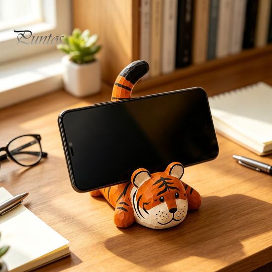 Hand Carved Basswood Stand Wooden Tiger Cat Phone Stand, Desktop Ornament, Cute Unique Healing Ornaments Animal Holder, Handmade Decor, Creative Gift