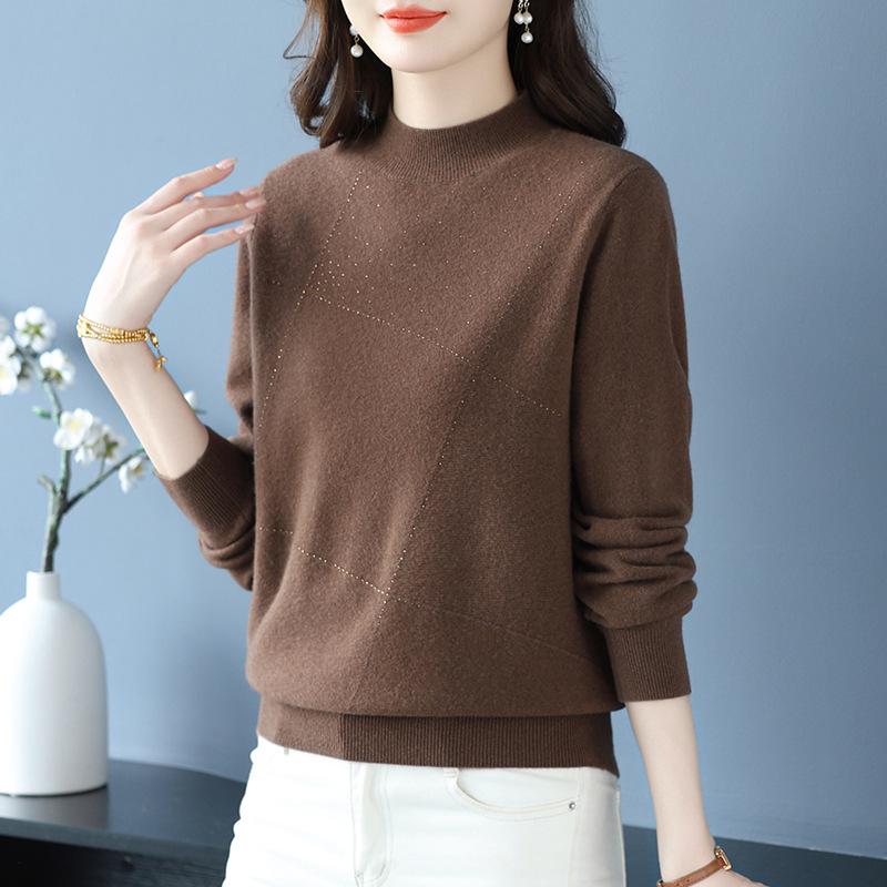Puyuan Women's Pure Wool Half-High Neck Sweater - Autumn/Winter Solid Color Knit Base Layer for Moms