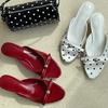 2025 Spring New Pointed Polka Dot Rear Strap Sandals Women's Bag Head Bow Pearl Medium Heel Single Shoes Women's Shoes