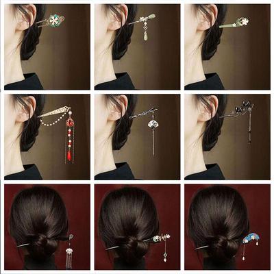 Diamond-Encrusted Lotus Tassel Hairpin: Elegant Chinese Style with Pearl Flower and Peace Lock Design, Perfect for Women.