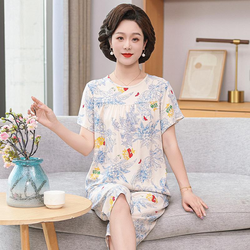 Pijamas de seda y algodón de verano para mujer: Conjunto holgado de dos piezas de manga corta para personas de mediana edad y mayores, talla grande, ideal para exteriores.