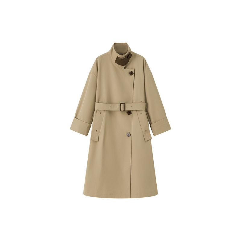 

] Autumn new simple high-end long coat stand-up collar leather splicing lace-up waist trench coat women M хакі