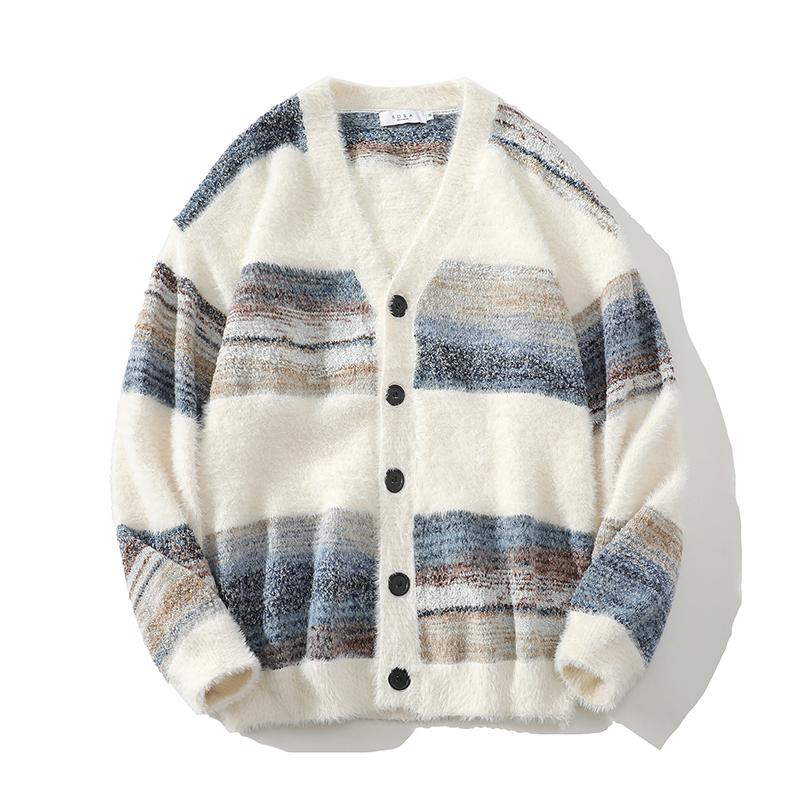 

2025 Autumn Retro Lazy Striped Cardigan Sweater Coat Men Women Trend Loose Couple Sweatercoat Warm Casual Daily Sweaters XL білий