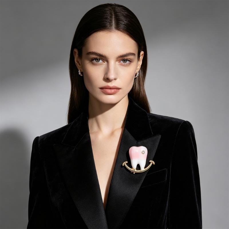 Tooth Brooch Pin Glossy Pink and White Enamel Style Alloy Lapel Accent with Gold Tone Outline, Pin Back Accessory for Jackets Collars and Bags
