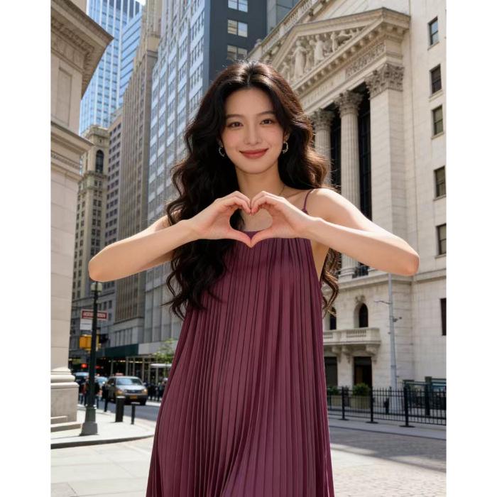 Women s Pleated Spaghetti Strap Dress: Slimming Sleeveless Summer Style Long Skirt 3XL