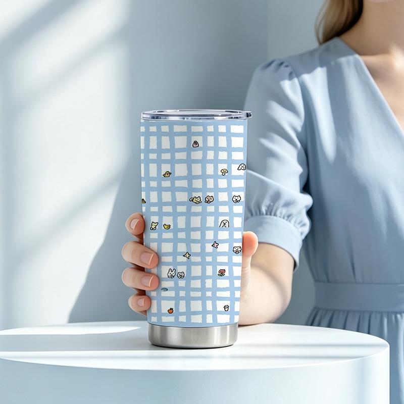 591ml Car Tumbler(1 Random Straw Included)Light Blue Plaid Mini Animal MotifCar Cup Commuter Cup Vacuum Insulated Cup 591ml Car Tumbler