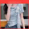 Dopamine Summer Fashion Short Sleeve T Shirt With Bow Tie And Asymmetric Pattern For Women