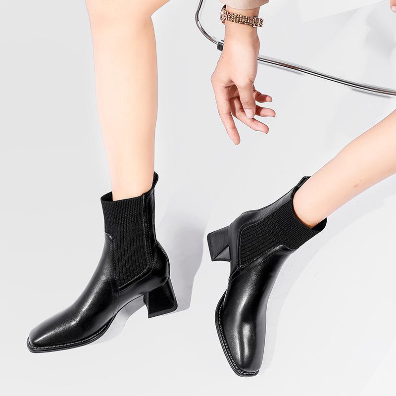 British style 2024 new women's boots thick heel square head short boots high heel soft leather boots elastic boots medium heel spring and autumn sing