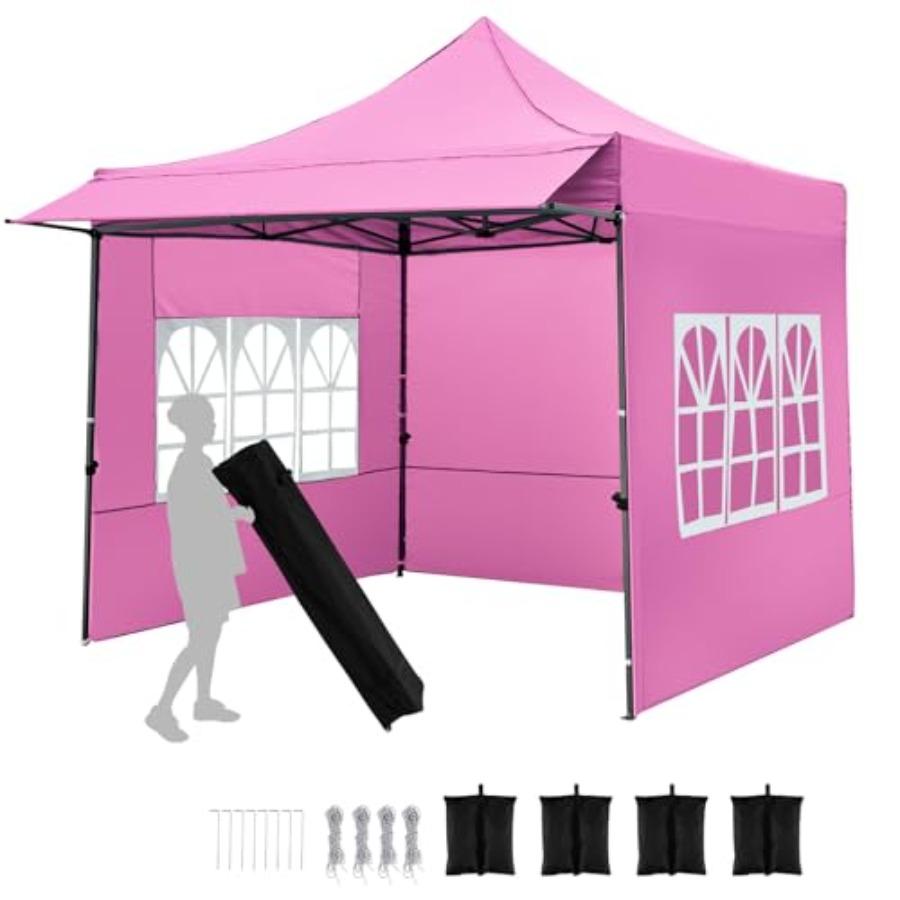 

10x10 FT Pop Up Canopy Outdoor Tent with 3 Sidewalls Awning Wheeled Bag 4 Sandbags 8 Stake 4 Ropes Portable Canopy Tent for Par розовый