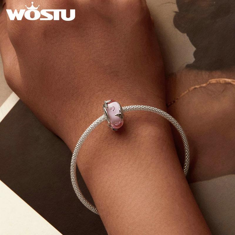 WOSTU Argent Sterling 925 Perles en Verre Rose Breloque Papillon Transparent Convient Femmes Bracelets Originaux Bijoux DIY