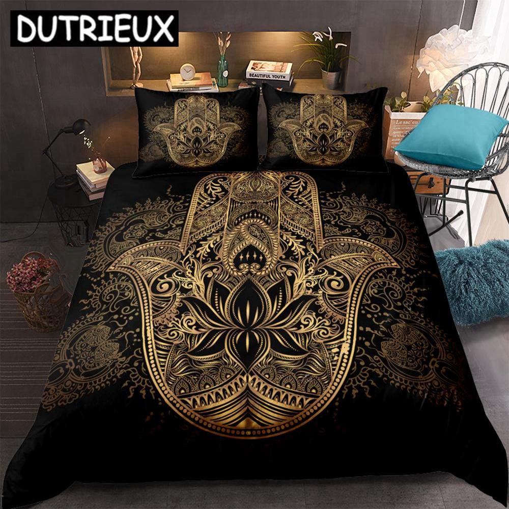 Black - Gold Boho Mandala Hamsa Hand Bedding Set: Fatima Hand - Inspired Bed Linen with Quilt Cover (135x200cm)