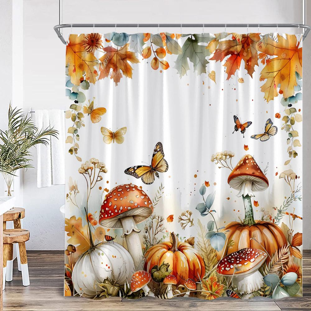 

Autumn Pumpkin Shower Curtain Harvest Season Maple Leaf Scarecrow Flower Wooden Plank Barn Farmhouse Bath Decoration with Hook 120x180cm-47x70in
