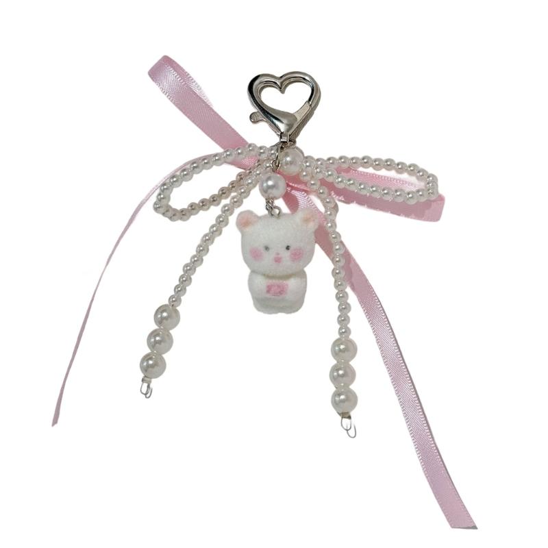Flocking Bear Keychain With Pearls Ribbon Bowknot Charm Practical Key Holder Bacpack Accessory For Women Girls