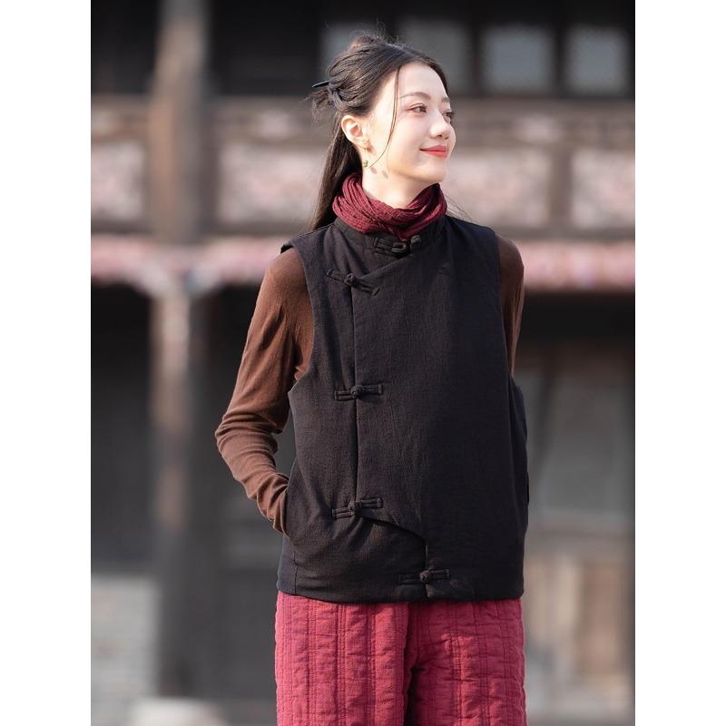 

25 хлопок и лен женский новый ретро пуговица хлопковый жилет топ женский песочно-стиранный лен с подкладкой теплый жилет One Size чёрный