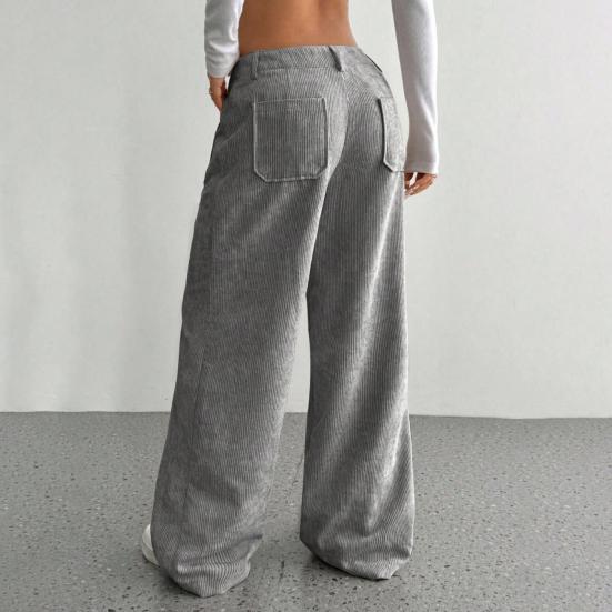 Women Pants Low Rise Zipper Button Fly Straight Wide Leg Long Pants with Pockets Solid Color Ribbed Leisure Trousers