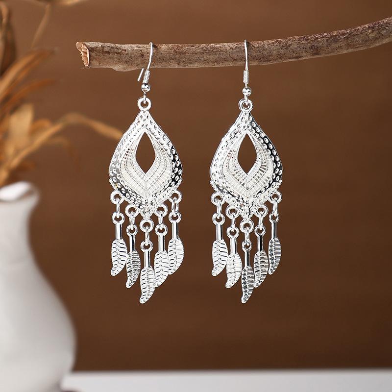 Imitation Miao Silver Earrings Retro Long Fringed Earrings Attractions Antique Earrings Miao Ear Jewelry Women