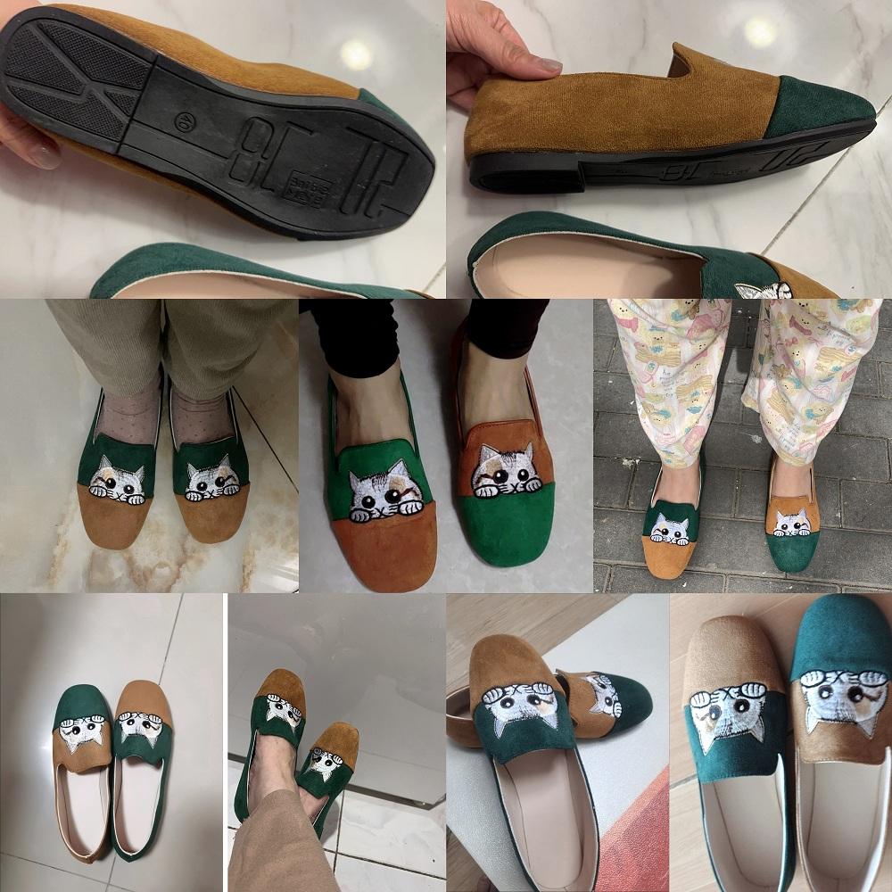 Feerldi Emboridery Cat Flock Shoes Woman Designer Two-tones Loafers New Arrival 2025 Low Heels Ladies Square Toe Moccasin Shoes
