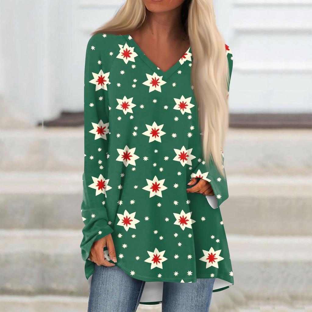 Women's Casual Long Sleeved V-neck Floral Print Long Loose T-shirt Top
