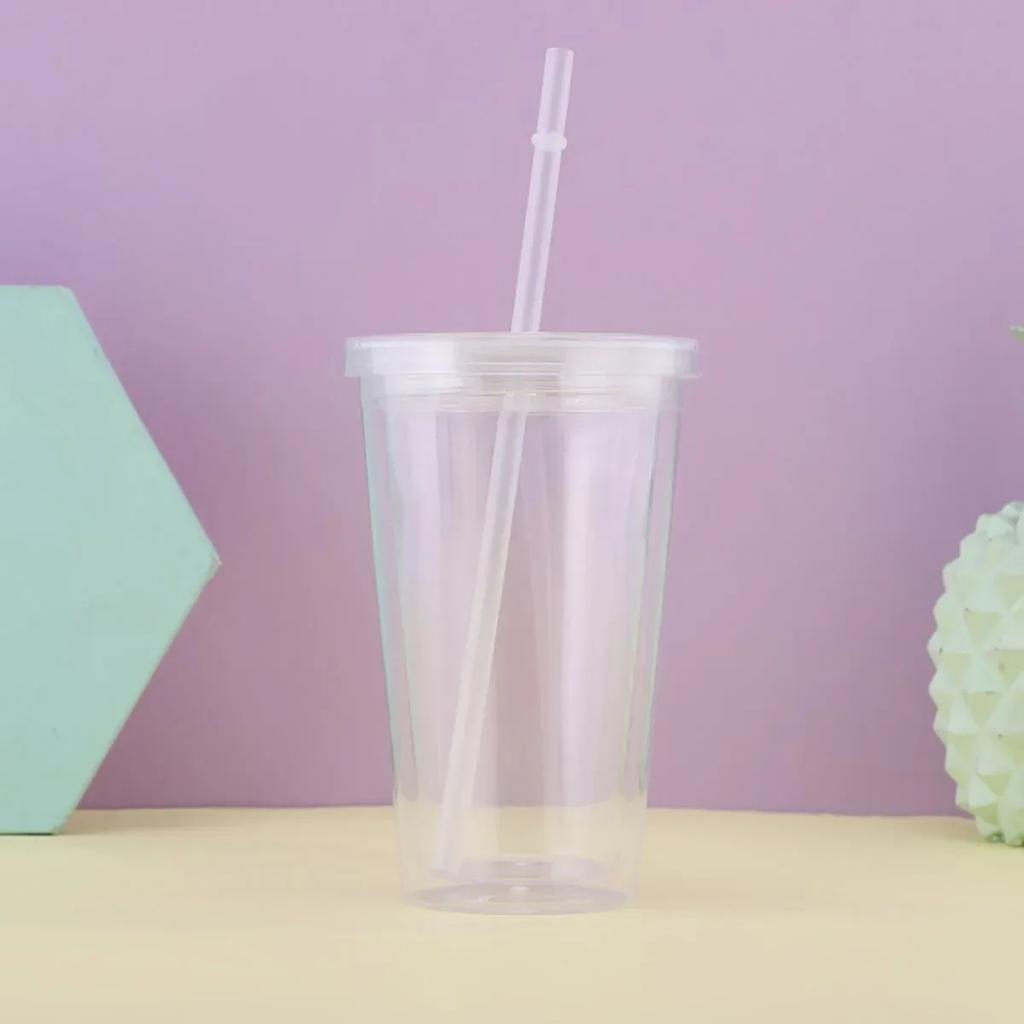 1pc-Reusable Double-layer Plastic Transparent Drinking Cup Water Bottle with Lid Straw Cup Outdoor Drink Tea Milk Mug Tools