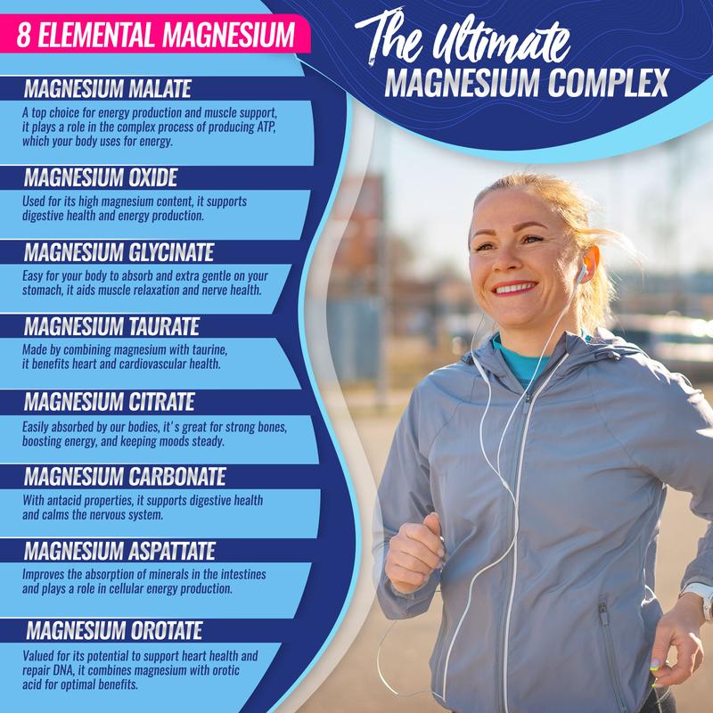 Magnesium Complex Supplement 8 Elemental 1000mg - Taurate, Chelated for Easy Absorption for Bones, Muscle, Recovery, Energy, Vegan Non-GMO 90 Capsules