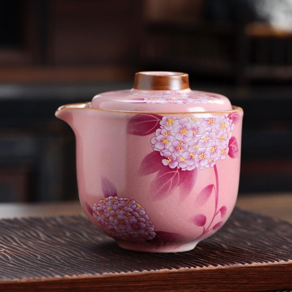 Fenru Hydrangea Tea Set, Hand-held Pottery Teapot From Ru Kiln, New Style with Exquisite Patterns, 1 Teapot and 2 Tea Cups