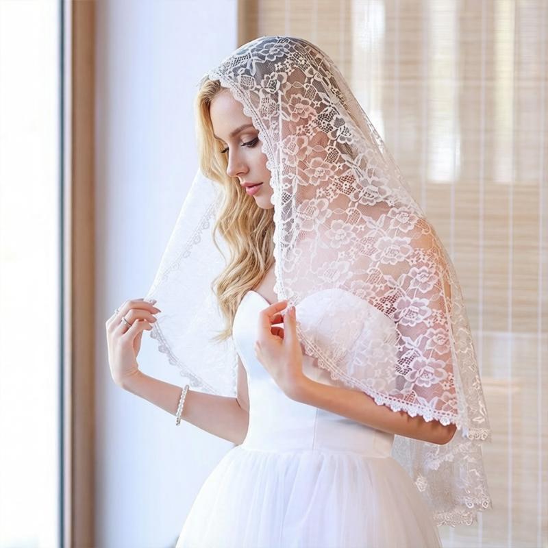 Elegant Lace Bridal Veils With Embroidery Flower Tulle Mantilla Women Church Shawl Wrap For Wedding And Special Occasion