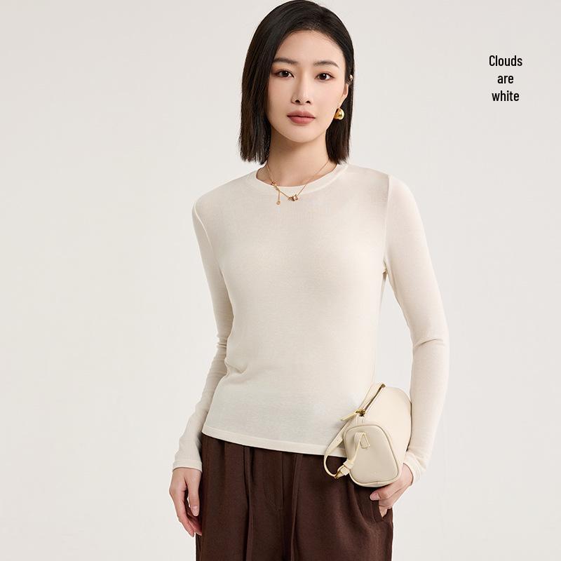 Tencel Wool Collar Base Shirt: Silk-Like, Light, Warm, Round Neck, Knitted Long Sleeve Top for Autumn/Winter Women.