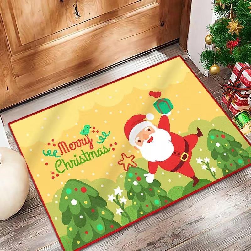 Christmas Themed Flannel Doormats Festive Santa Claus Poinsettia Prints Colorful Holiday Decor Soft Floor Mats for Home Entrance