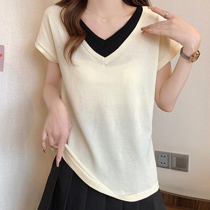 Women Sweaters Pullovers 2025 Summer Short Sleeve V-Neck Spliced Black Knitted Sweater Women Tops Pullover JJ231