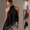 Women's Halter Neck Sleeveless Loose Fit Solid Color Lace Trim Top Sexy Blouse