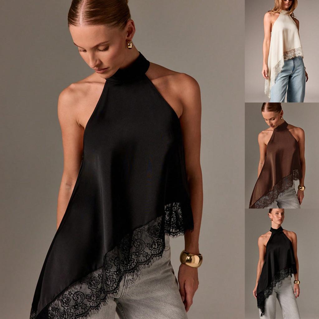 Women's Halter Neck Sleeveless Loose Fit Solid Color Lace Trim Top Sexy Blouse