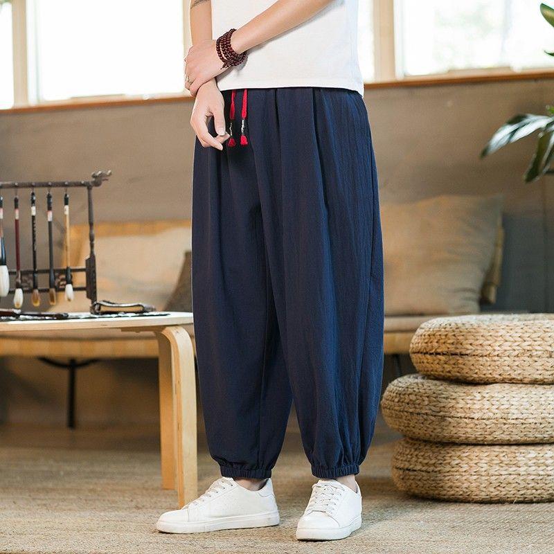 5XL Весенне-осенние мужские хлопково-конопляные брюки свободного кроя на кулиске, брюки-фонари, брюки харен, японские повседневные брюки M