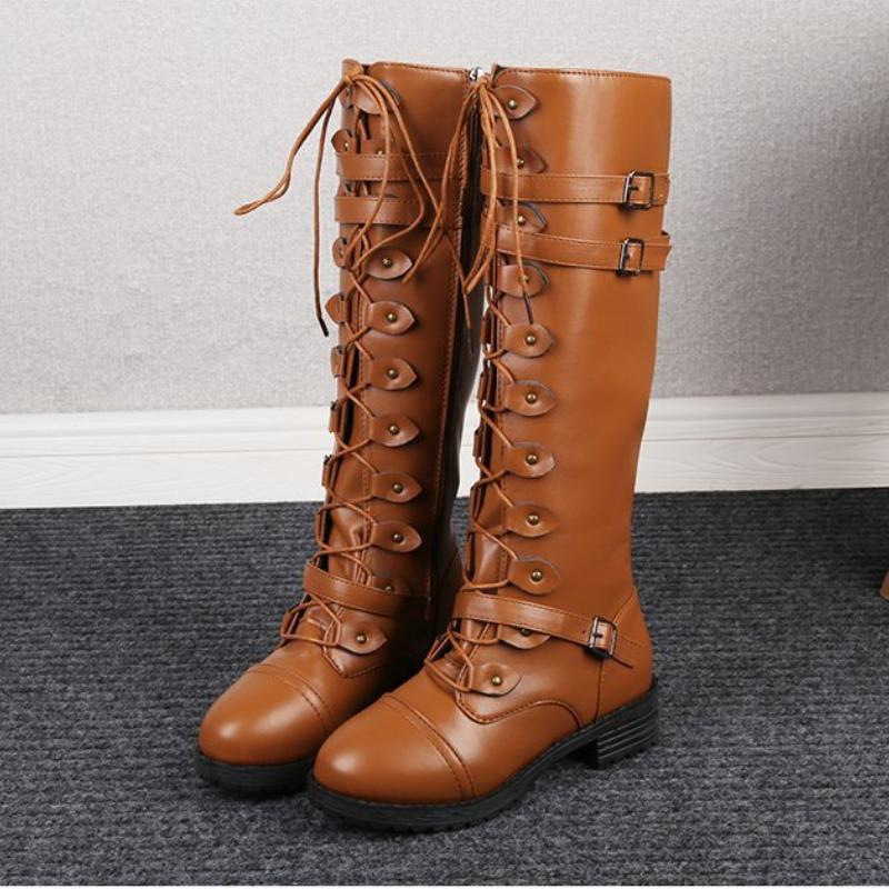 

Женские кожаные сапоги выше колена, эластичные сапоги на каблуке с заклепками и пряжкой, сапоги на квадратном каблуке с круглой головкой на шнуровке 38 кофейный