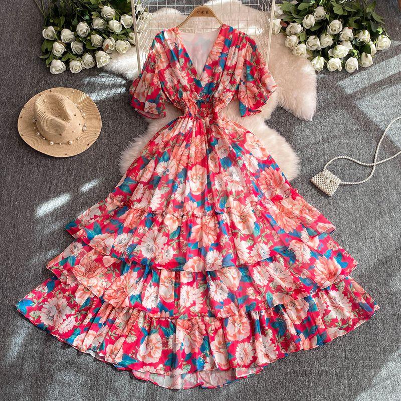 

Palace Style Noble Elegant Graceful Women s Clothing 2024 Summer Ruffles Fairy Chiffon Print Holiday Dress Women Pink Base Print One size
