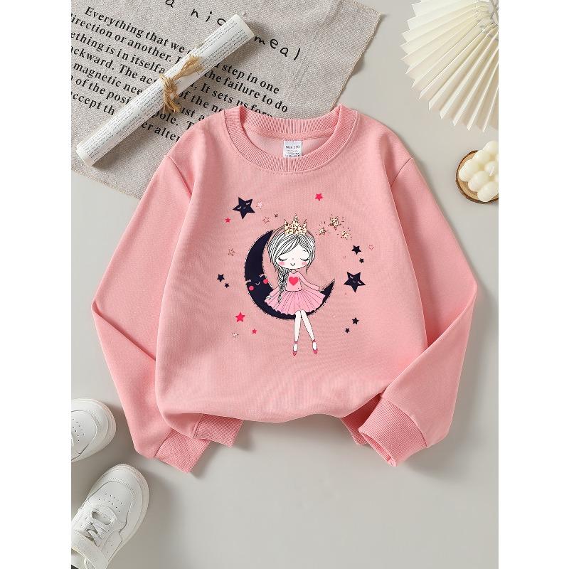 Girls' Long-sleeve Sweatshirt with Round Neck and Printed DesignPrincess Moon Star Suitable for Spring and Autumn, Fashionable and Casual