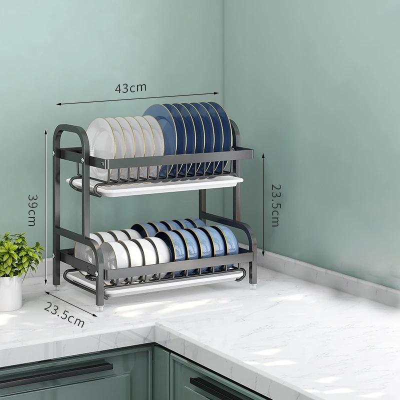 2 Tier Dish Drying Rack Compact Kitchen Dish Rack Rust-Proof Carbon Steel Dish Drainer Drainboard Tableware Water Filter Rack