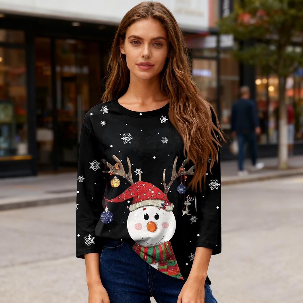 3/4 Sleeve Shirts For Women Print Christmas Tees Blouses Casual Plus Size Basic Tops Pullover