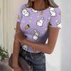 Women's Casual Fashion Round Neck Easter Print Short Sleeve Ribbed Top