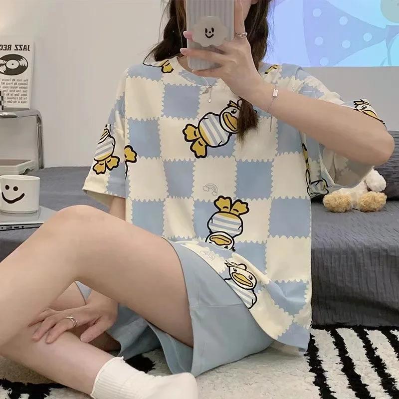 Set for Women's Cartoon Bear Short-Sleeved Shorts Loose Breathable O-Neck Striped Nightwear Homewear Girl Sleepwear