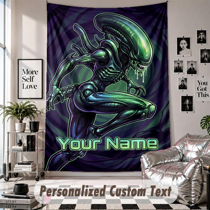 Custom Tapestry Wall Hanging, Alien Xenomorph Personalized Name Text Home Wall Decor