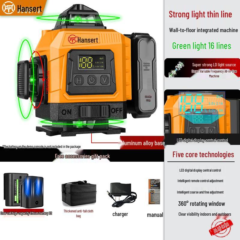 16-line High Precision Green Laser Level with Automatic Leveling for Indoor/Outdoor Use