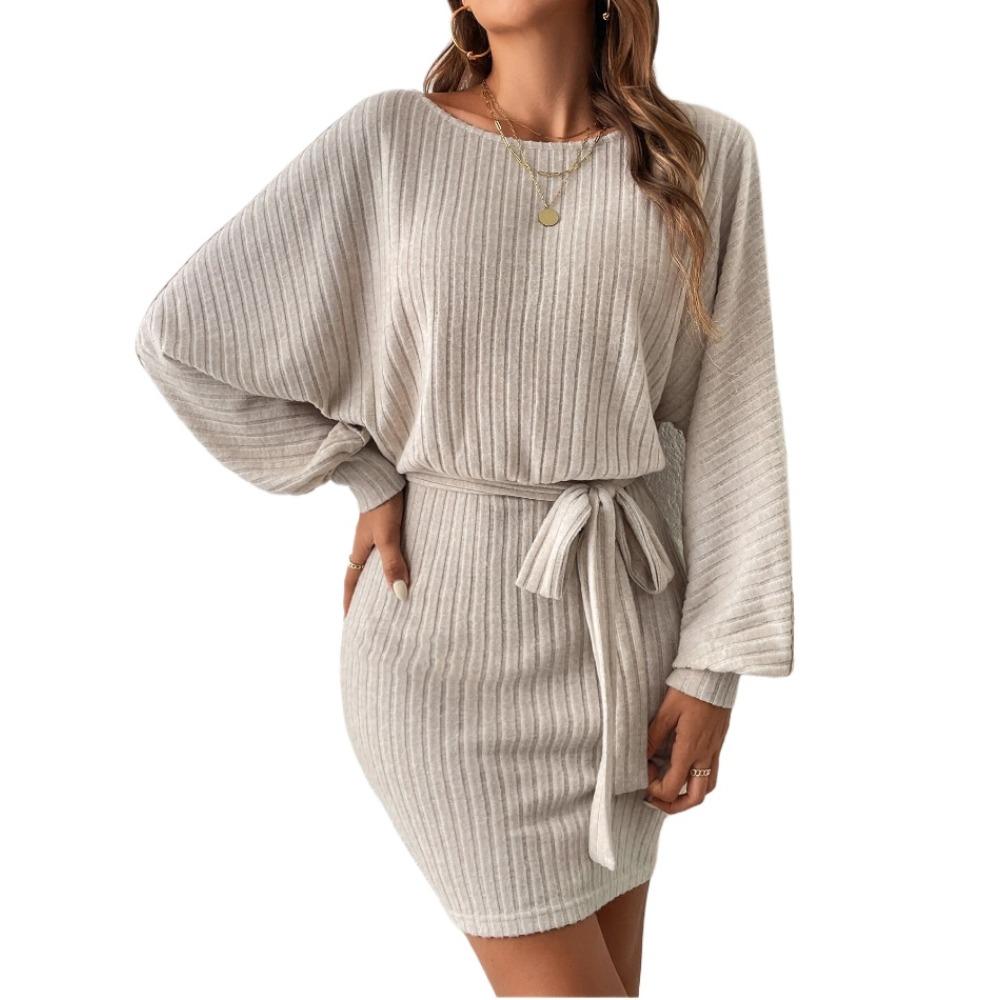 

Платье IHUASU Autumn Women s с поясом и длинными рукавами, с резинкой для волос, в полоску, с принтом летучей мыши, шерстяное трикотажное платье S абрикосовый