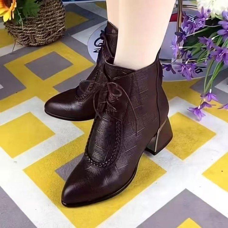 Women's Boots: Soft Leather, Medium Thick Heel Boots, Women's Cotton Shoes with Soft Fleece Soles