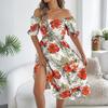 Women Off Shoulder Ruffle Sleeve Floral Print Loose Fit Holiday Beach Dress Casual Relaxed Style Summer Sundress