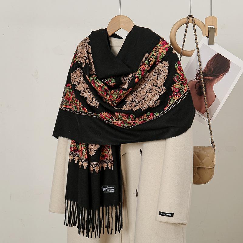 Autumn and Winter New Diamond-shaped Embroidered Imitation Cashmere Scarf Women's Popular Thickened Warm Fringed Shawl