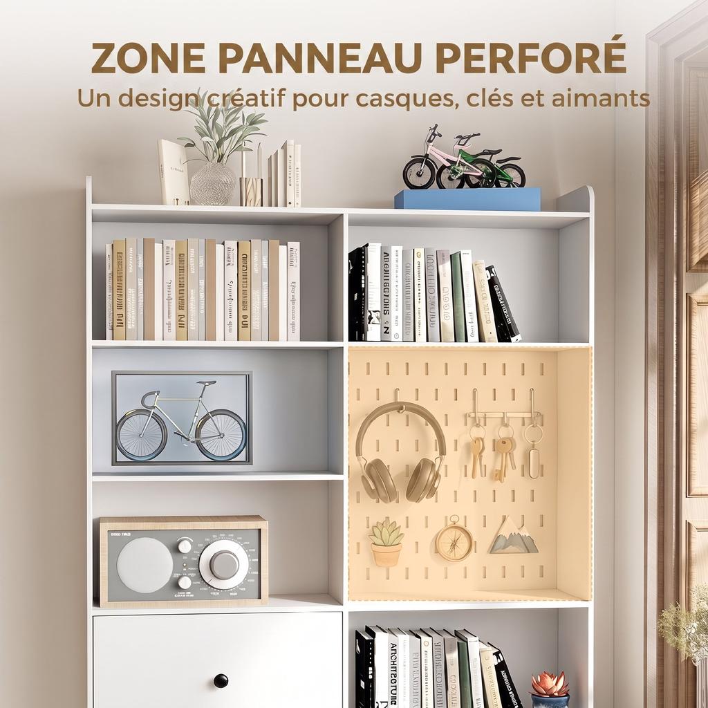 Bookshelf, 6-Tier, 120 x 30 x 200 cm, Storage Unit with 2 Drawers, Perforated Panel, White