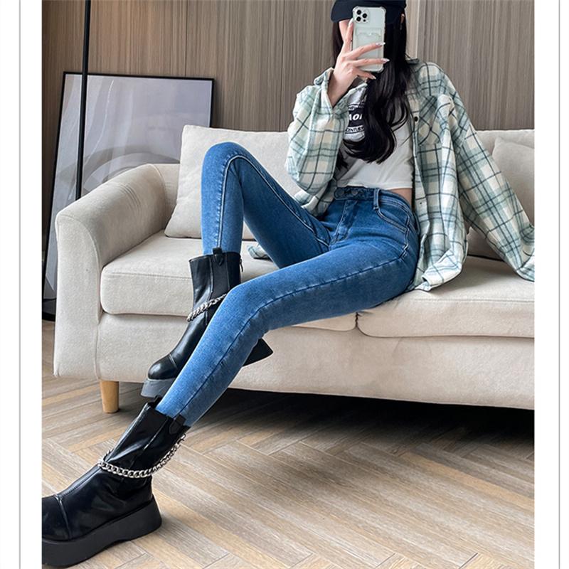 Autumn Winter Fashion Women Vintage Harajuku Jeans Fleece High Waist Casual Thicken Warm Elasticity Slim Skinny Jeans Streetwear