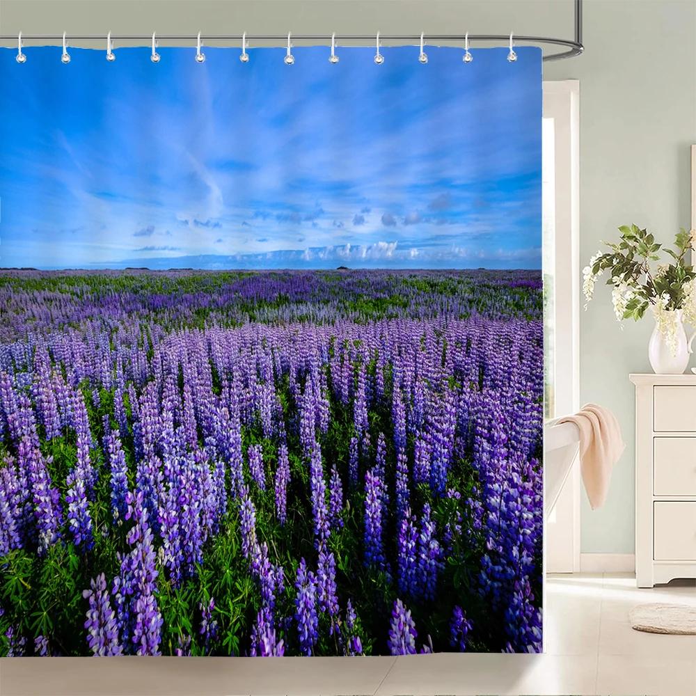 Flower Landscape Lavender Shower Curtains Bathroom Decor Bath Purple Curtains Waterproof Polyester Fabric 12 Hooks Set Mat W60H190(CM)-1 Pcs
