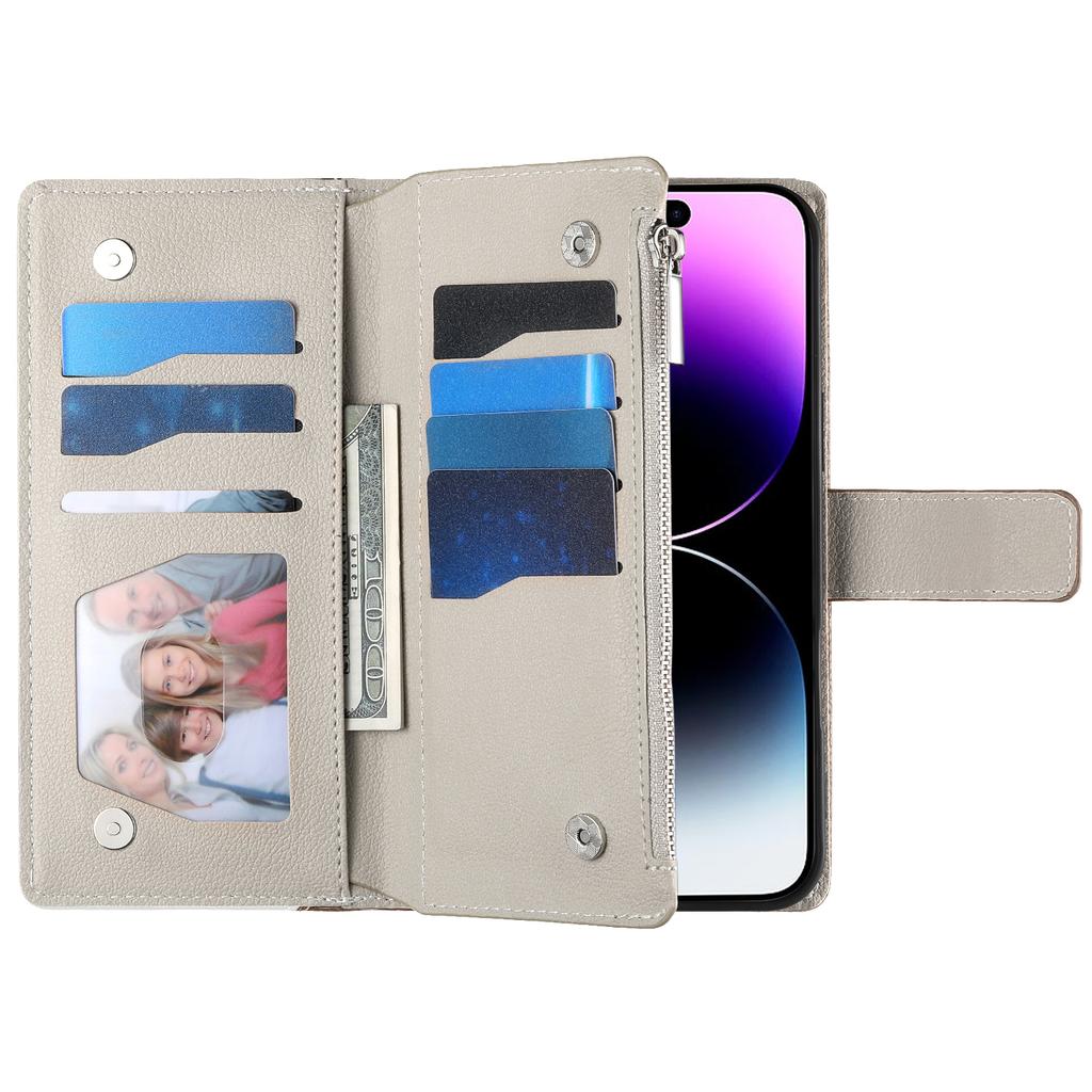 For iPhone 14 Pro Max Case Zipper Pocket Wallet Color Splicing Leather Flip Phone Cover with Straps