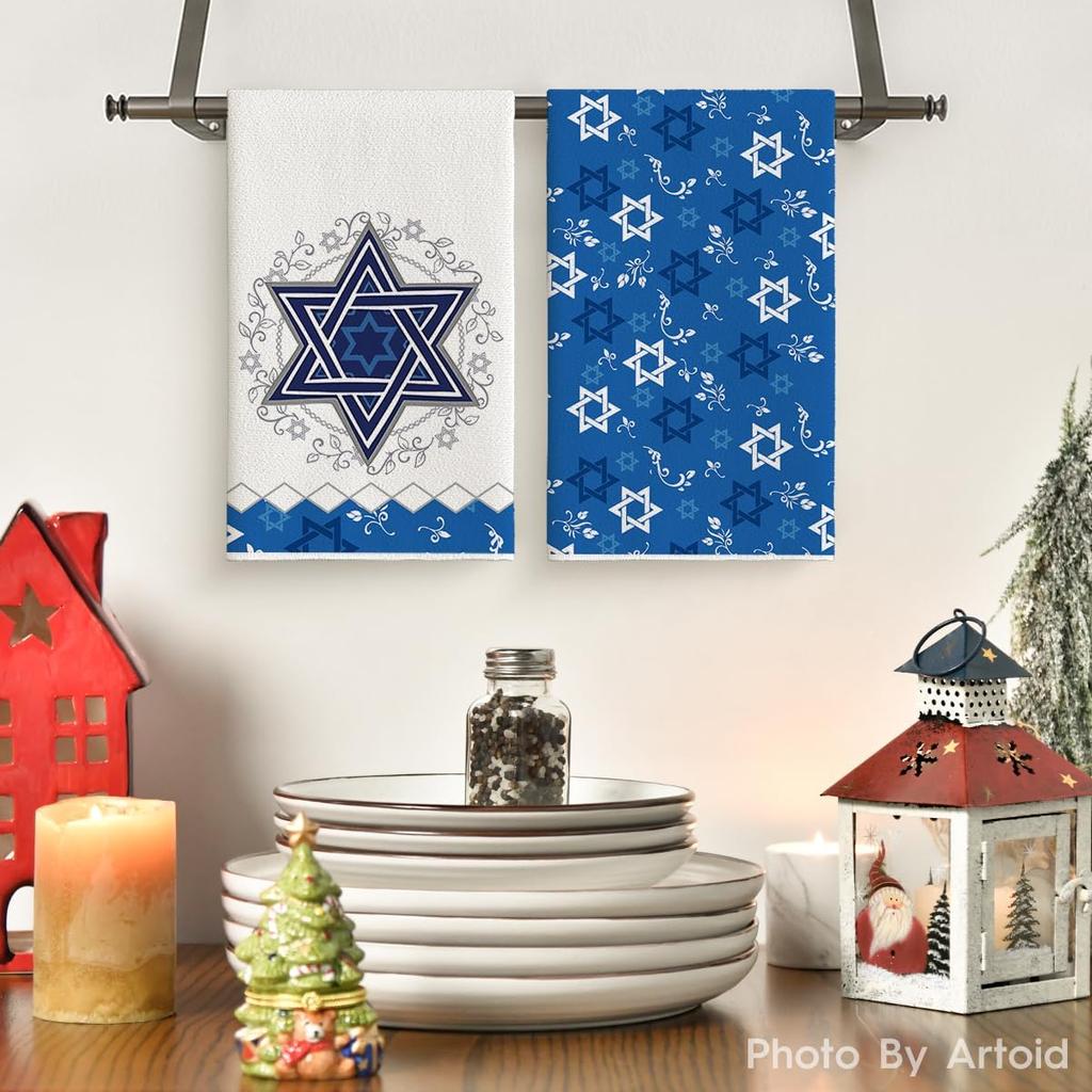 Artoid Mode Lingge Star Leaves Hanukkah Kitchen Towels Dish Towels, 18x26 Inch Farmhouse Holiday Decoration Cleaning Set of 2